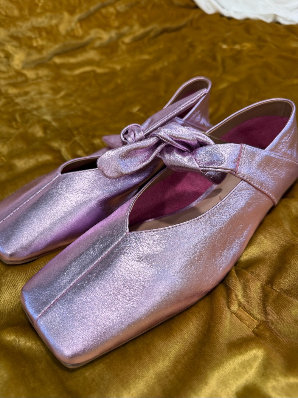 Metallic Pink Square-Toe Bow Flats by Vicenza